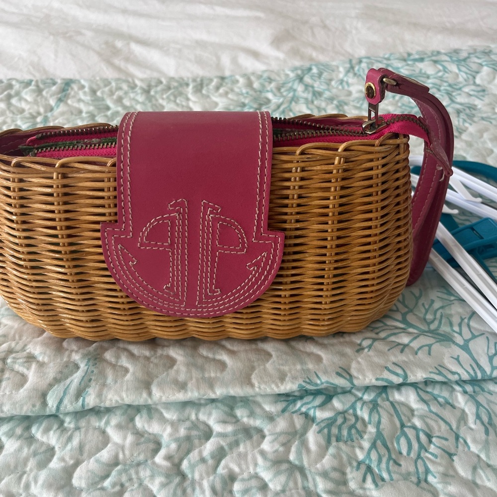 Lilly Pulitzer Natural Wicker Wristlet with Pink Leather Trim
